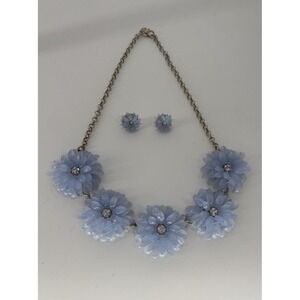 J.Crew Blue Lucite Rhinestone Floral Bib Necklace & Earrings Set Signed